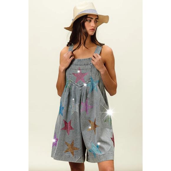 BiBi Star Pattern Rhinestone Washed Side Pockets Wide Leg Shortalls | Lt Denim - Picture 5 of 12